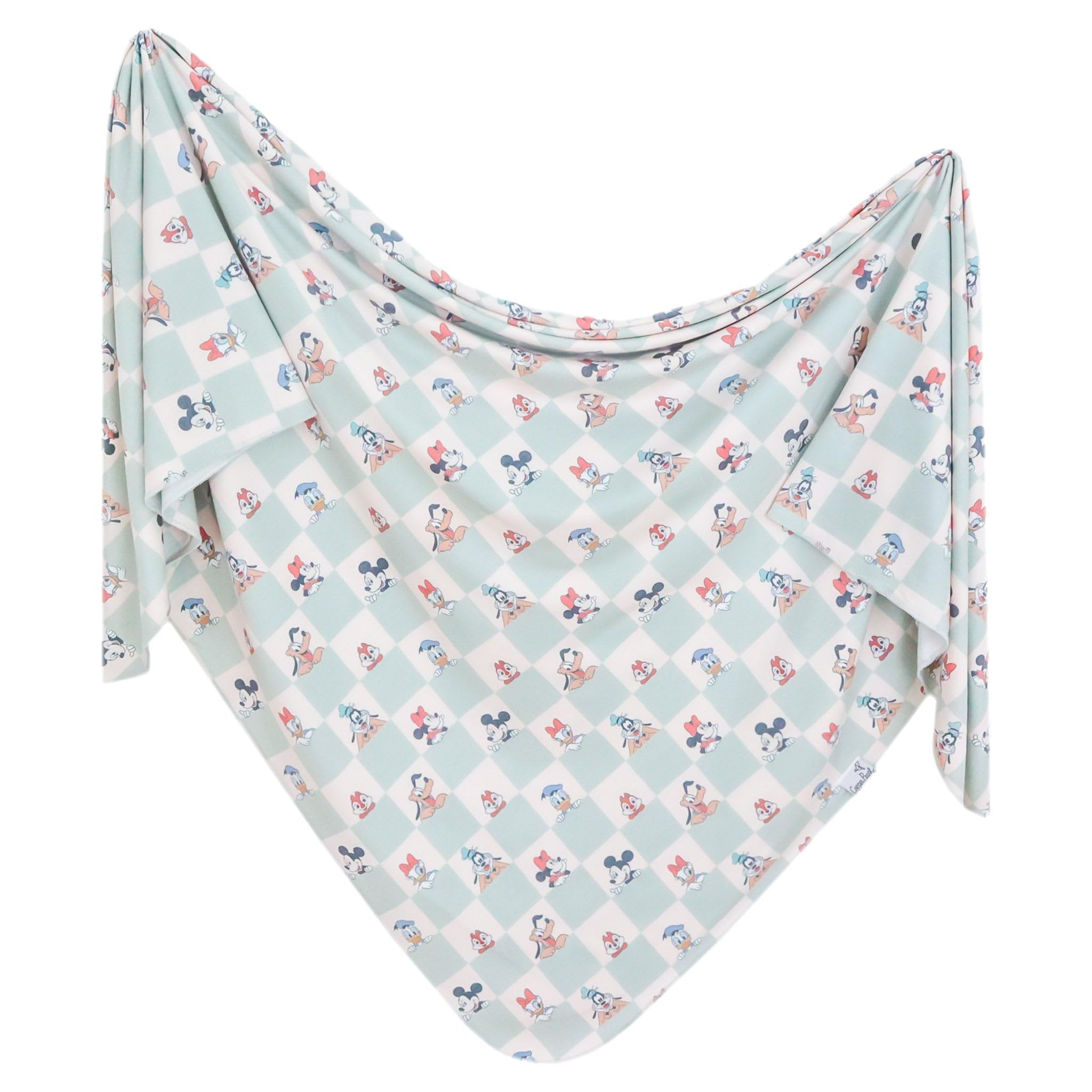 Copper Pearl Mickey Mouse & Friends swaddle blanket front view shows soft knit fabric for cozy newborn swaddling