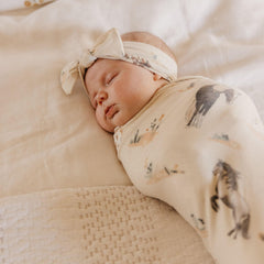Copper Pearl Montana swaddle closeup shows serged edges for durability