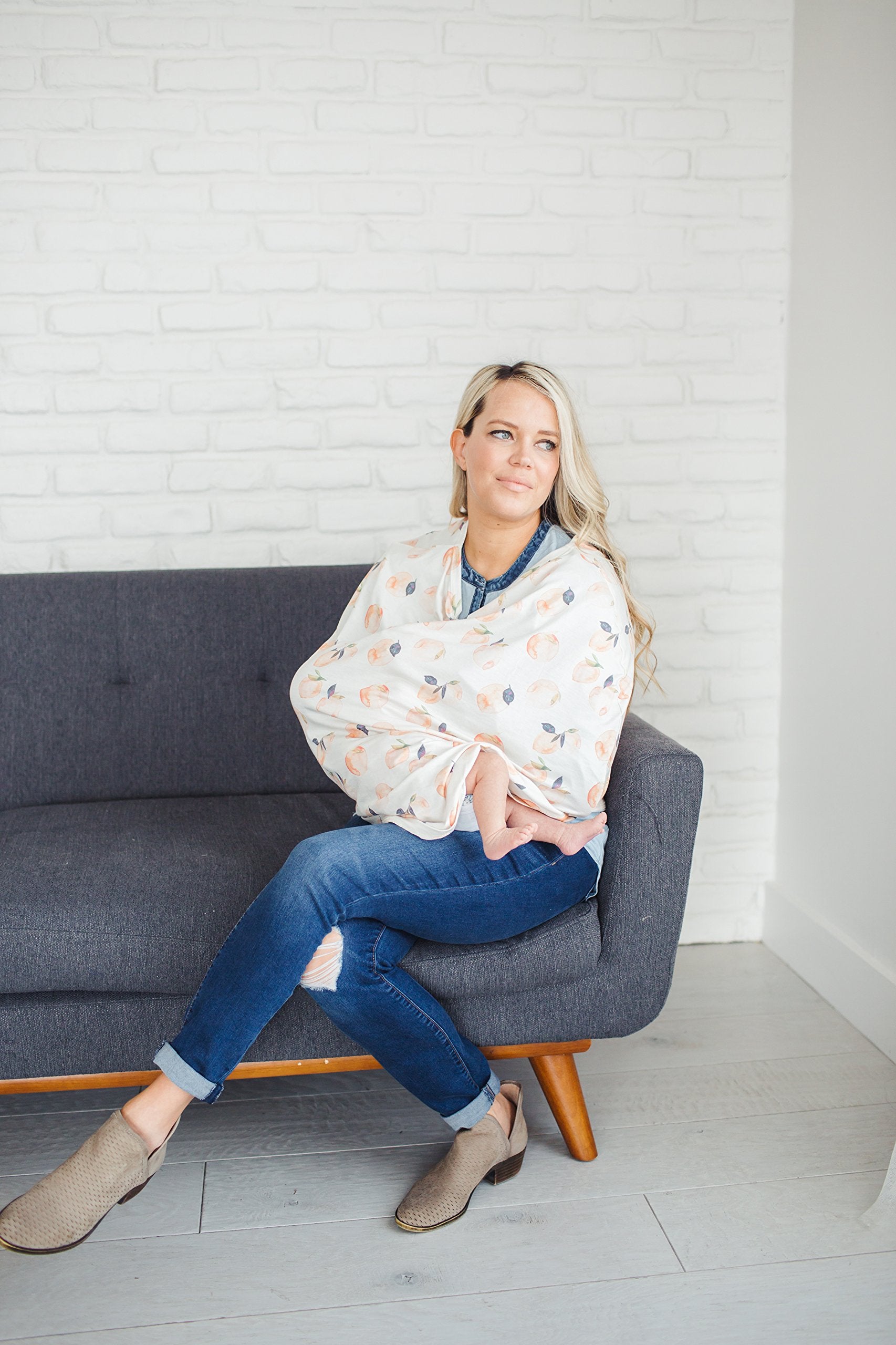 Copper Pearl infinity scarf doubles as stylish baby coverage for outings.