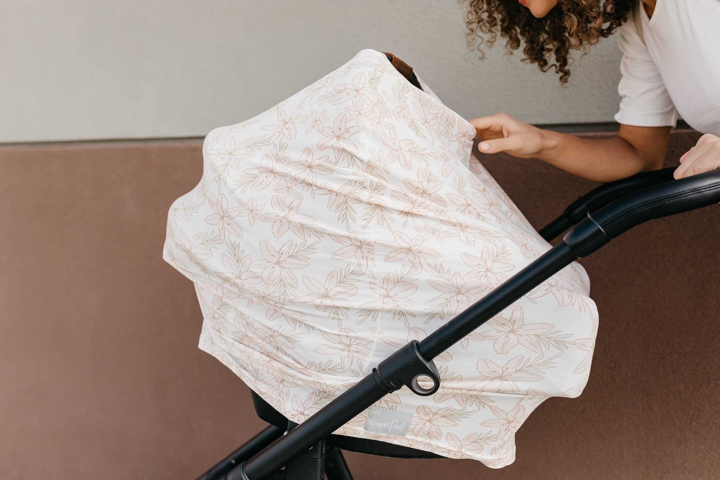 Copper Pearl multi-use cover sun shade for car rides.