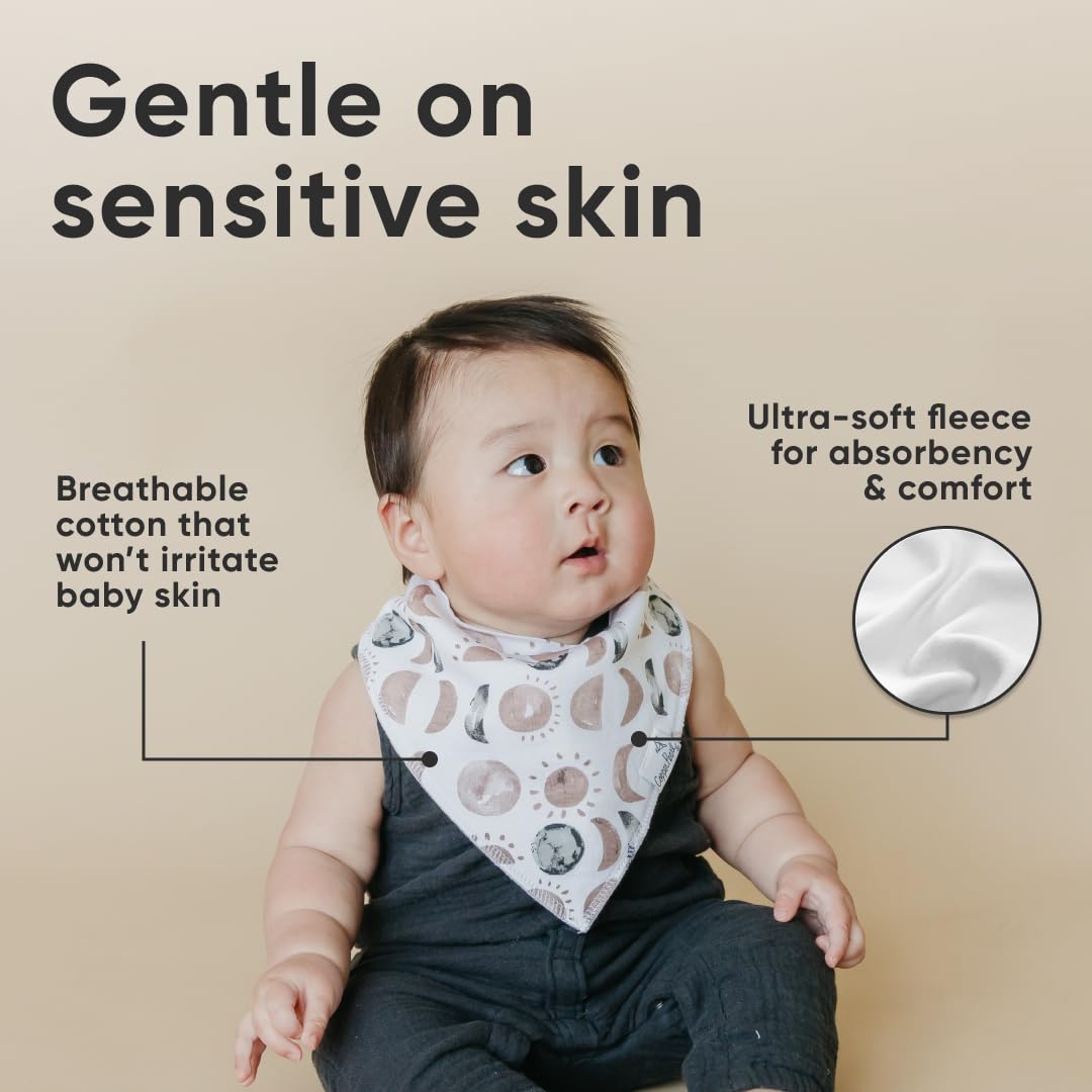 Copper Pearl Neil bib snaps stay put, gentle on skin.