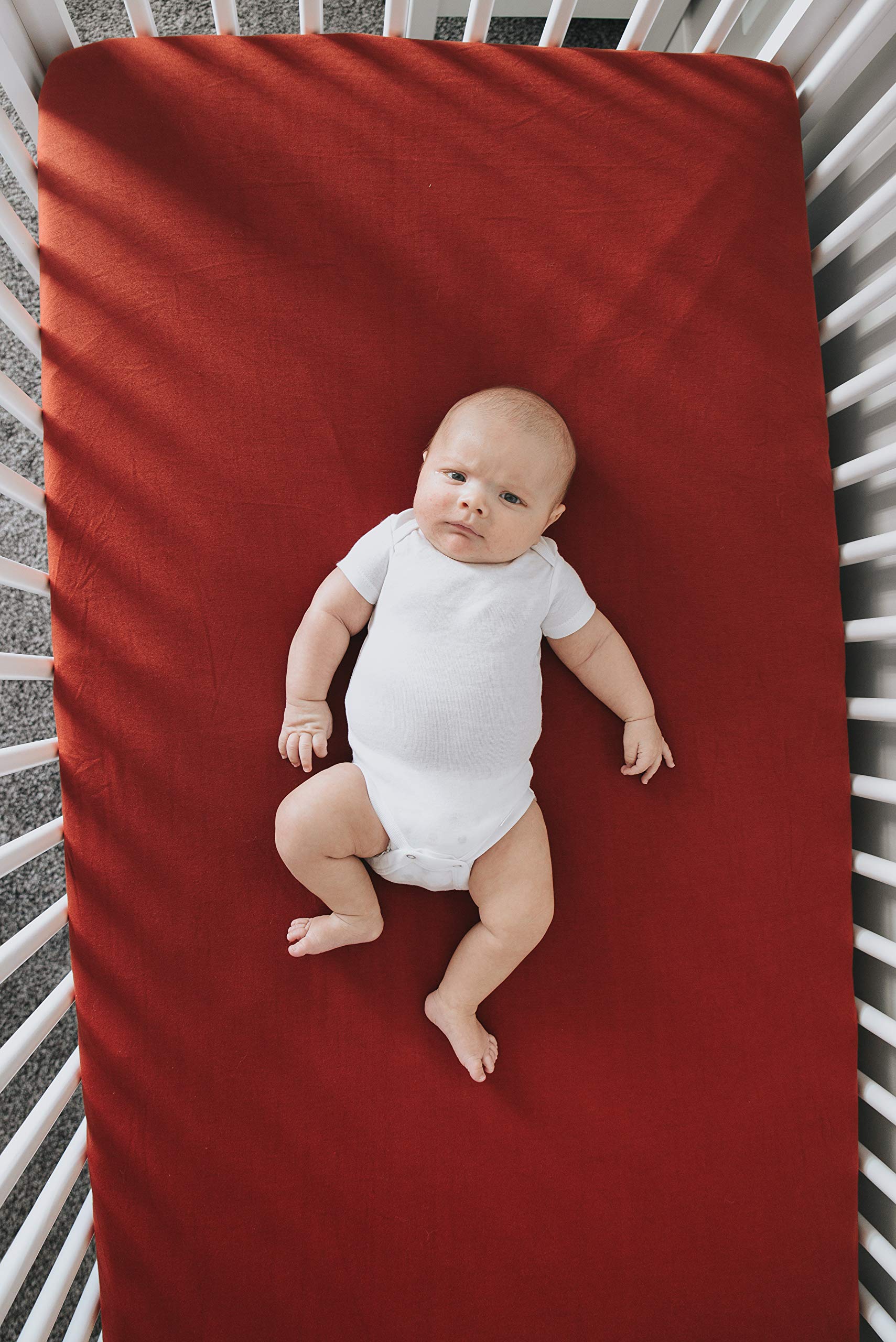 Copper Pearl rust crib sheet coordinates with contemporary nursery decor