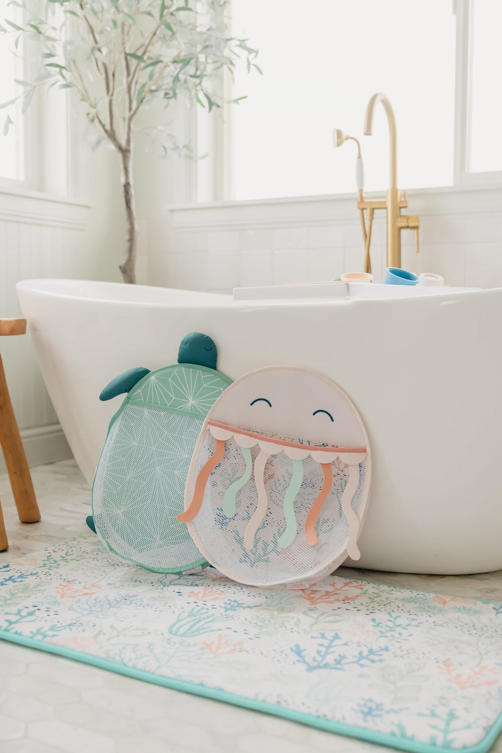Copper Pearl Oceana suction cup installation demonstrates secure, slip-free bath toy storage.