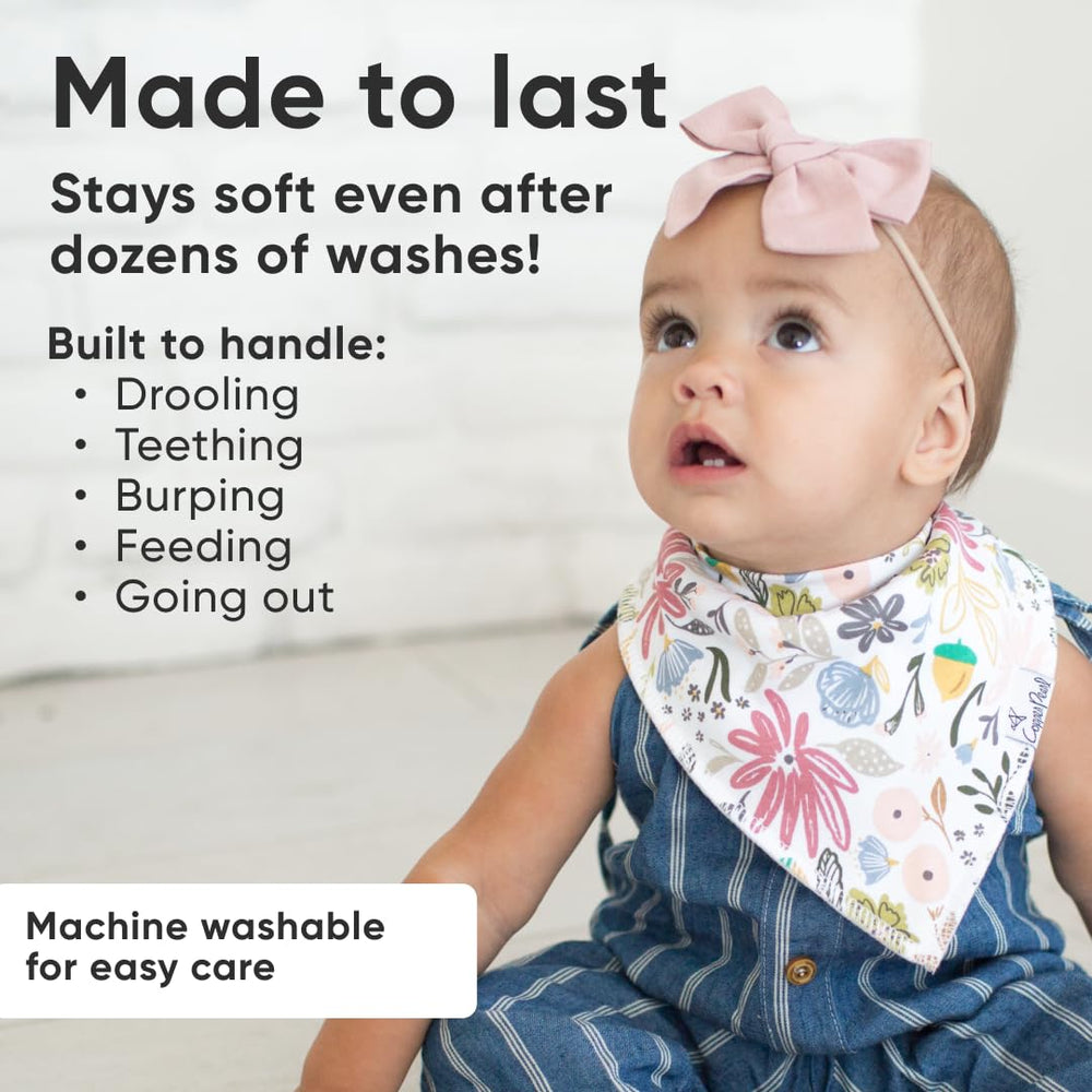Copper Pearl olive bib with adjustable snaps highlights baby-friendly fit.