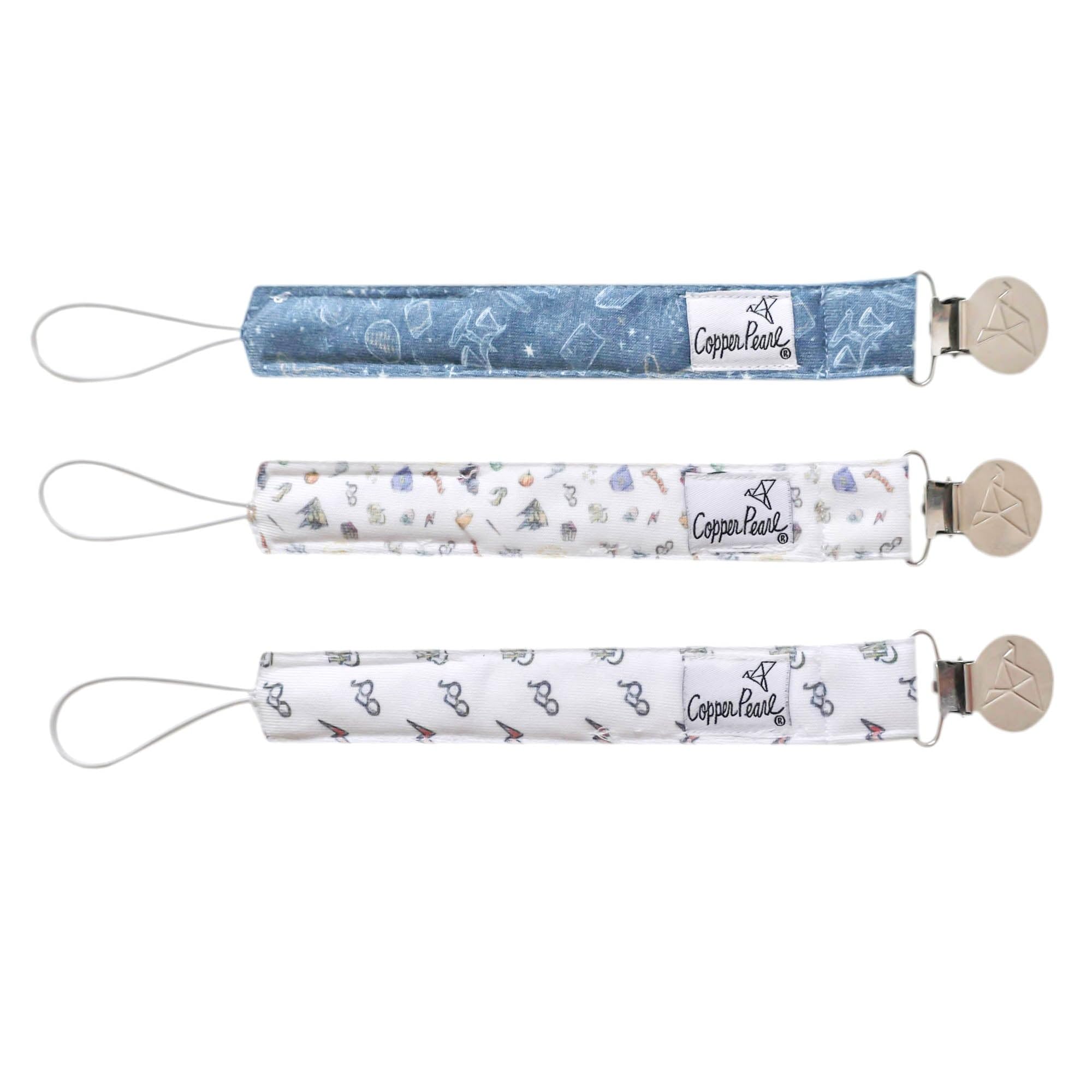 Copper Pearl pacifier clip 3-pack close-up knit strap keeps pacifiers handy and reduces drool mess.