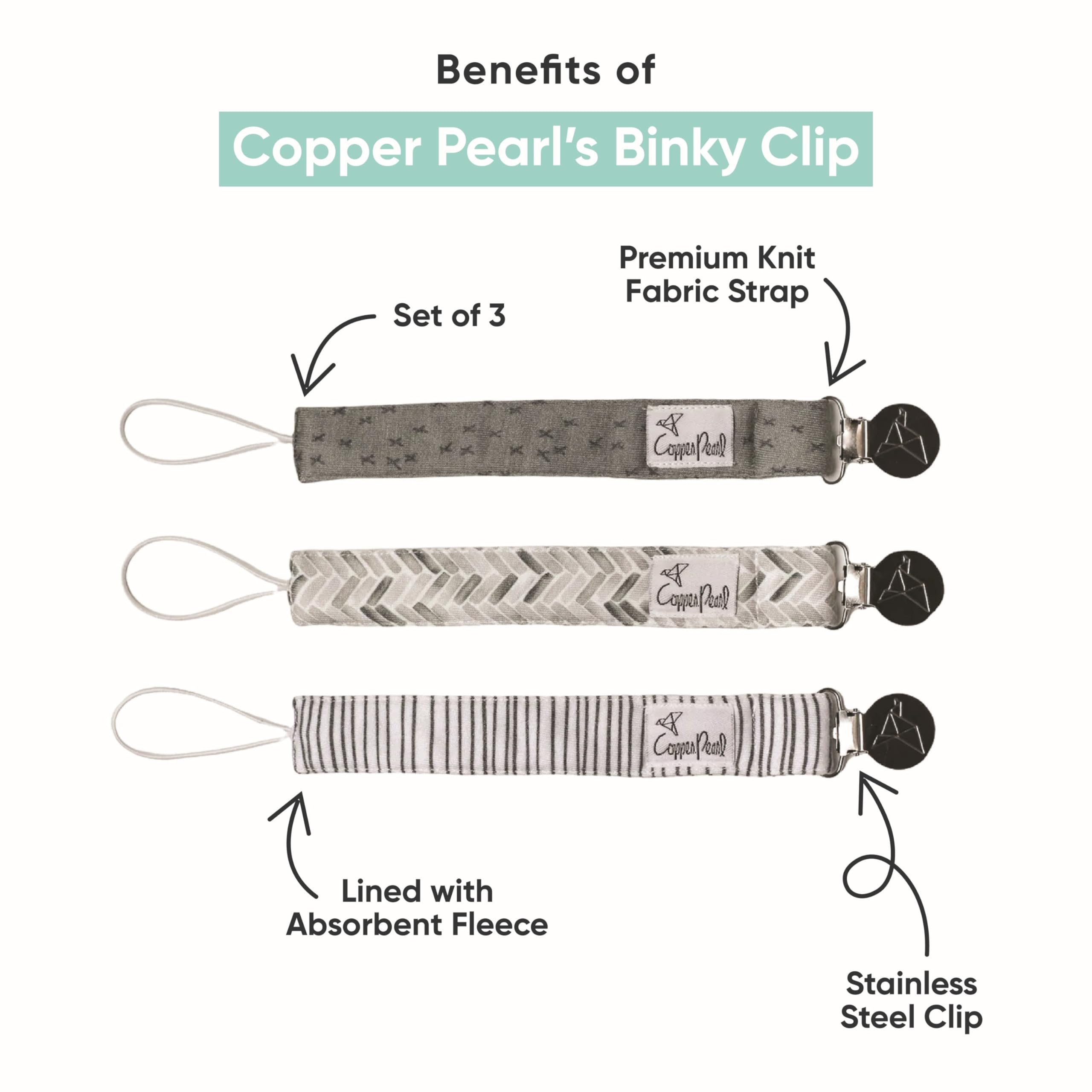 Copper Pearl pacifier clip close-up shows absorbent fleece lining reducing drool buildup.