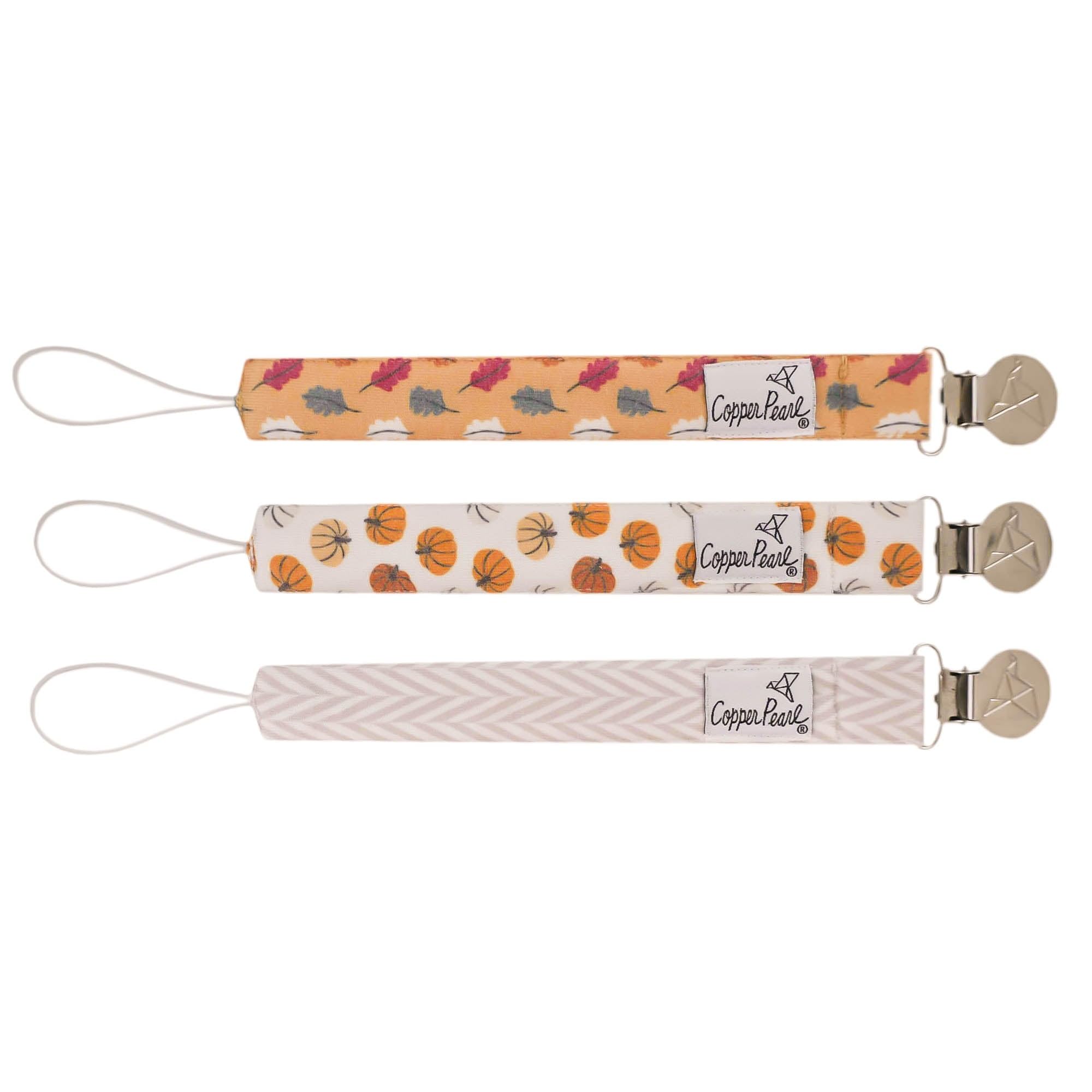 Copper Pearl pacifier clip knit strap closeup highlighting soft fabric and secure hold
