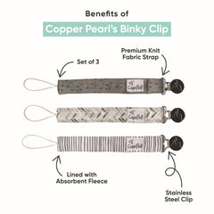 Copper Pearl pacifier clip stainless steel clip provides secure hold on clothing for on-the-go parents.