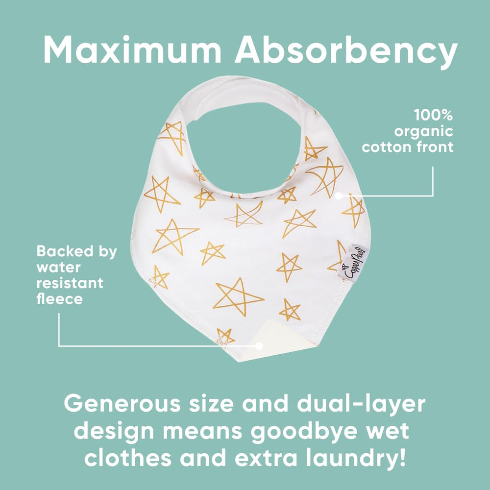 Copper Pearl Paris Set bandana bib snaps closeup; secure nickel-free snaps to stay on during meals.
