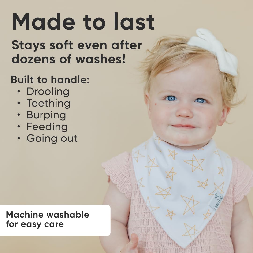 Copper Pearl Paris Set model wearing bib; teething and drool-friendly design for on-the-go parents.