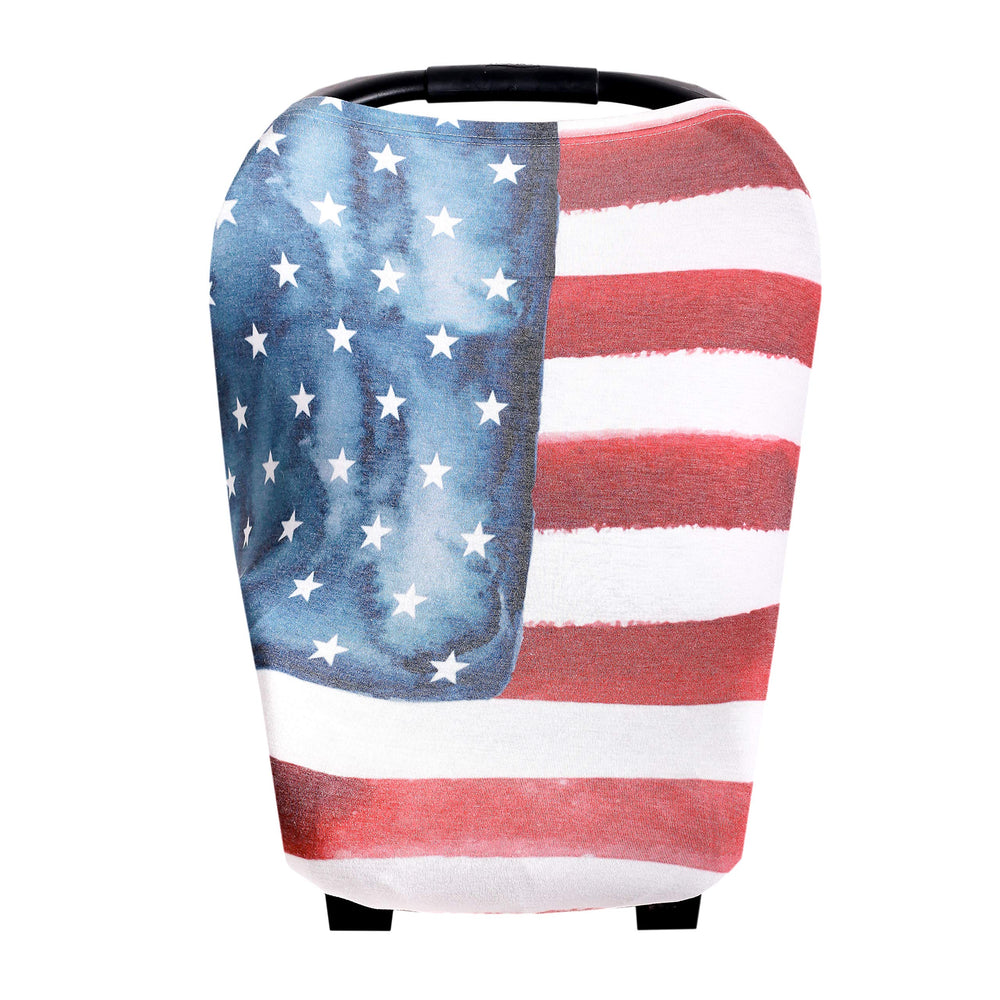 Copper Pearl Patriot car seat cover in navy stripe offers versatile 5-in-1 protection for outings.