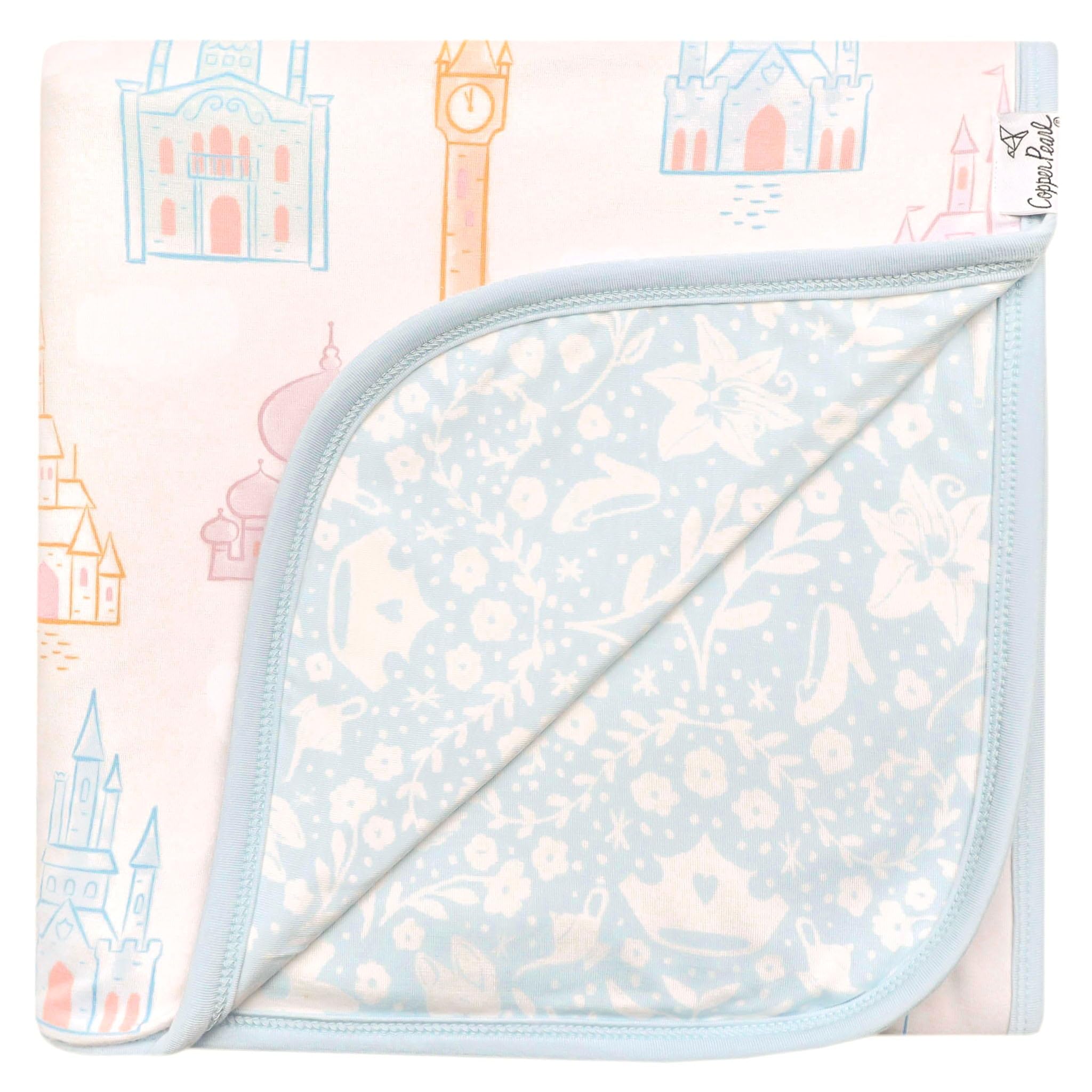 Copper Pearl Princess Palaces quilt folded; soft, durable three-layer knit for newborns