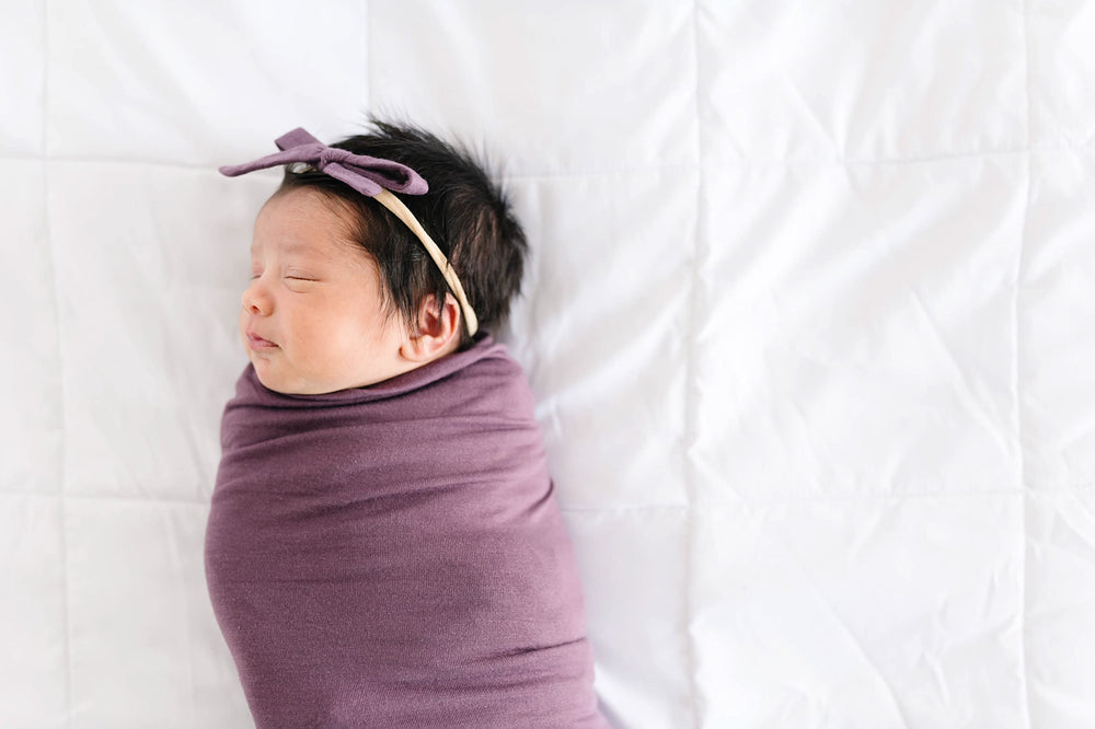 Copper Pearl Ribbon Baby Bow Plum coordinated look with swaddles for outfits