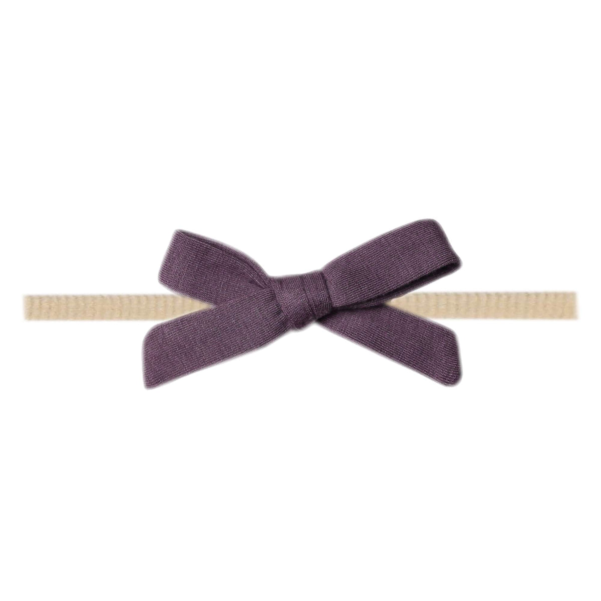 Copper Pearl Ribbon Baby Bow Plum front view highlights soft fabric for gentle wear