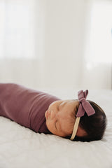 Copper Pearl Ribbon Baby Bow Plum packaged gift-ready for showers and celebrations