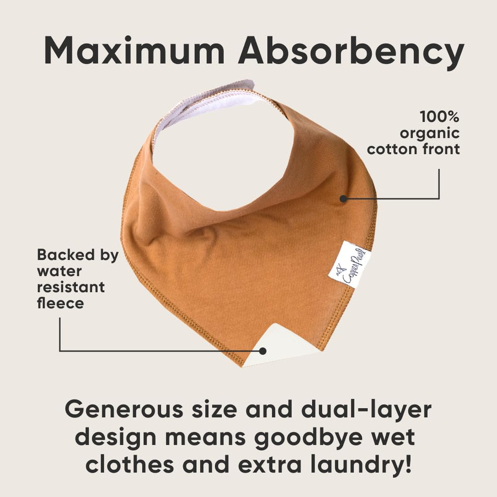 Copper Pearl Ridge adjustable snaps bib demonstrates easy growth from newborn to toddler.