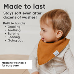 Copper Pearl Ridge fashion-forward bibs paired with vibrant outfits for baby girl or boy.