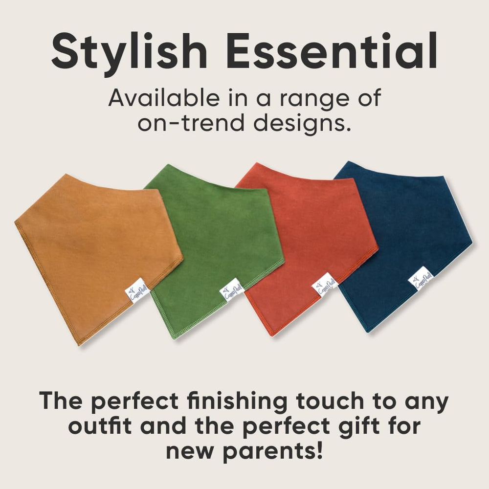 Copper Pearl Ridge versatile bibs complement outfits with modern gender-neutral styles.