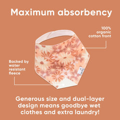 Copper Pearl Rue bibs with adjustable snaps demonstrating secure, comfortable fit from newborn to toddler.