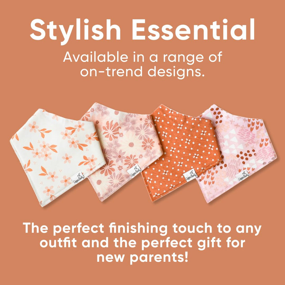 Copper Pearl Rue bibs in use during teething and messes for practical protection.