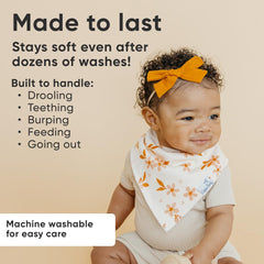 Copper Pearl Rue bibs featuring a stylish print for practical everyday outfits.