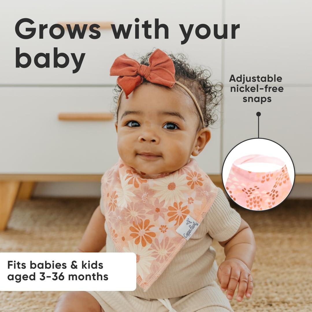 Copper Pearl Rue bibs with durable stitching designed to withstand frequent washing.