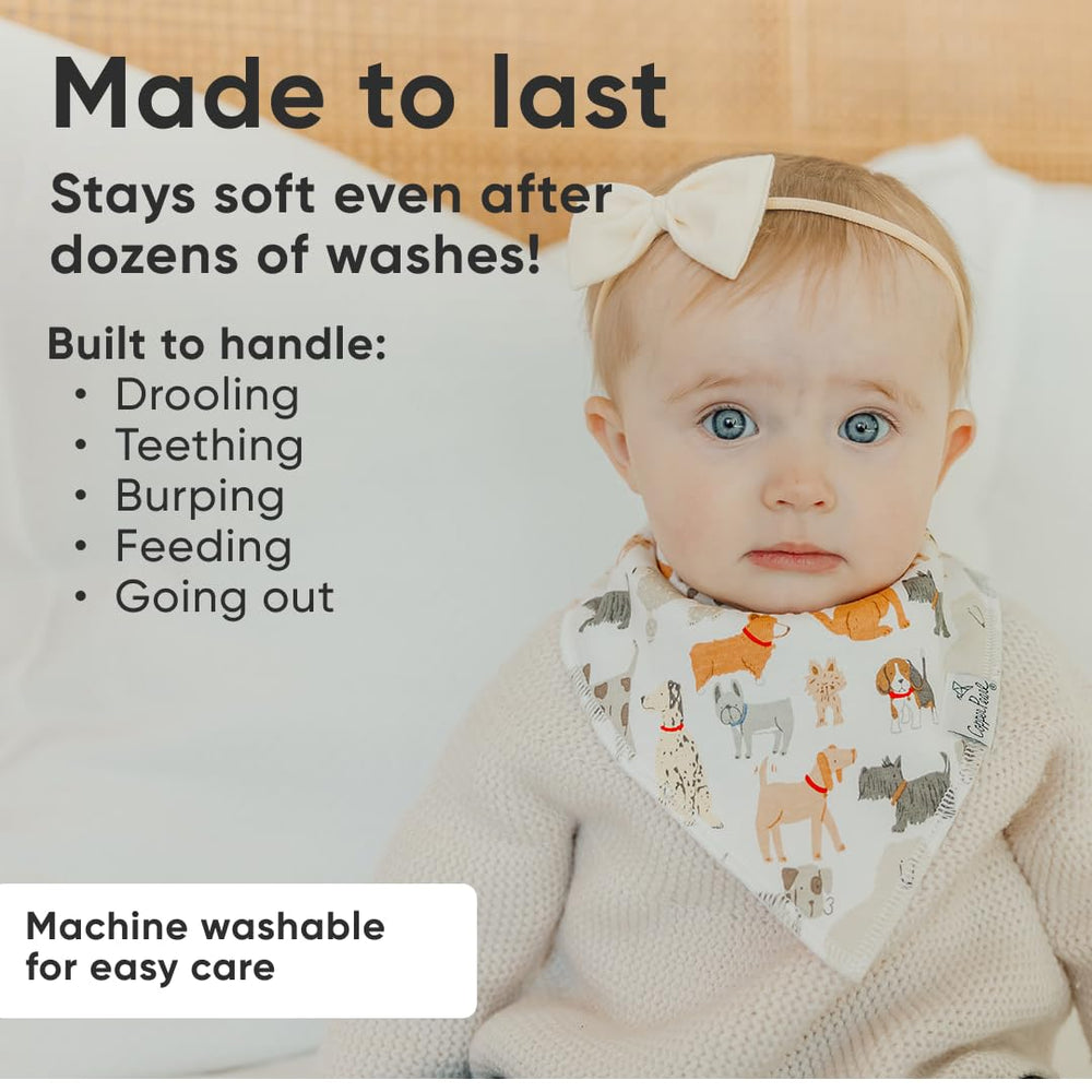 Copper Pearl Rufus bib adjustable snaps demonstrate customizable fit from newborn to toddler
