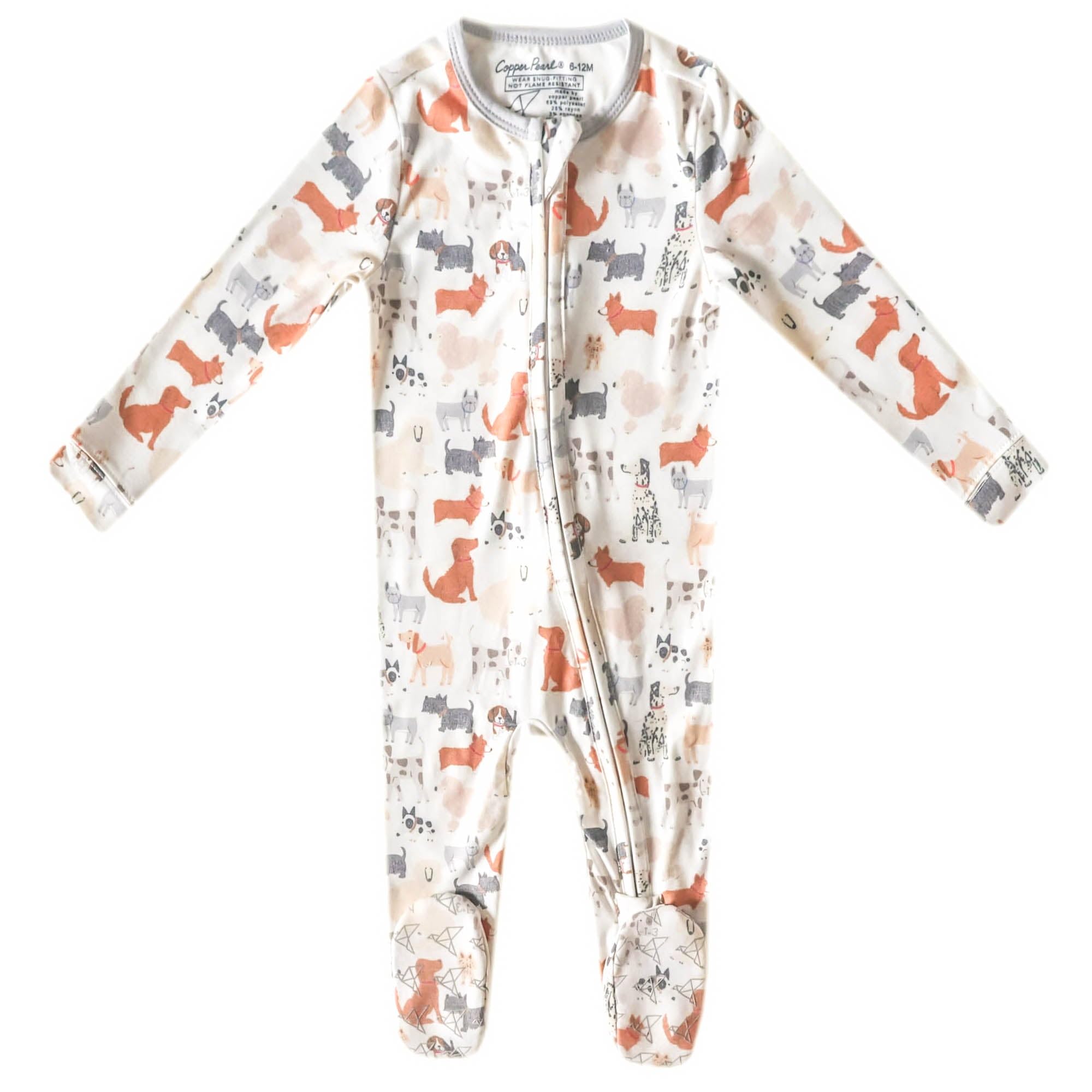 Copper Pearl Rufus zip-up footie pajamas front view for cozy sleep and easy dressing