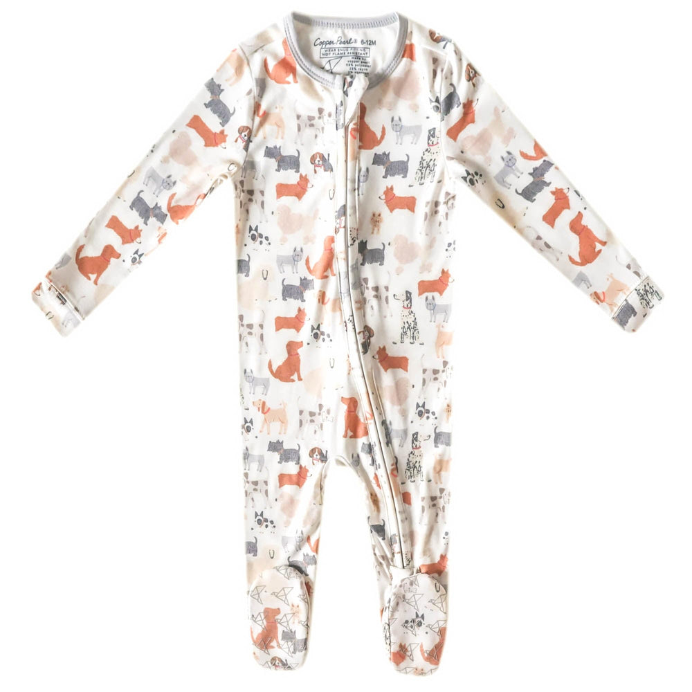 Copper Pearl Rufus zip-up footie pajamas front view for cozy sleep and easy dressing