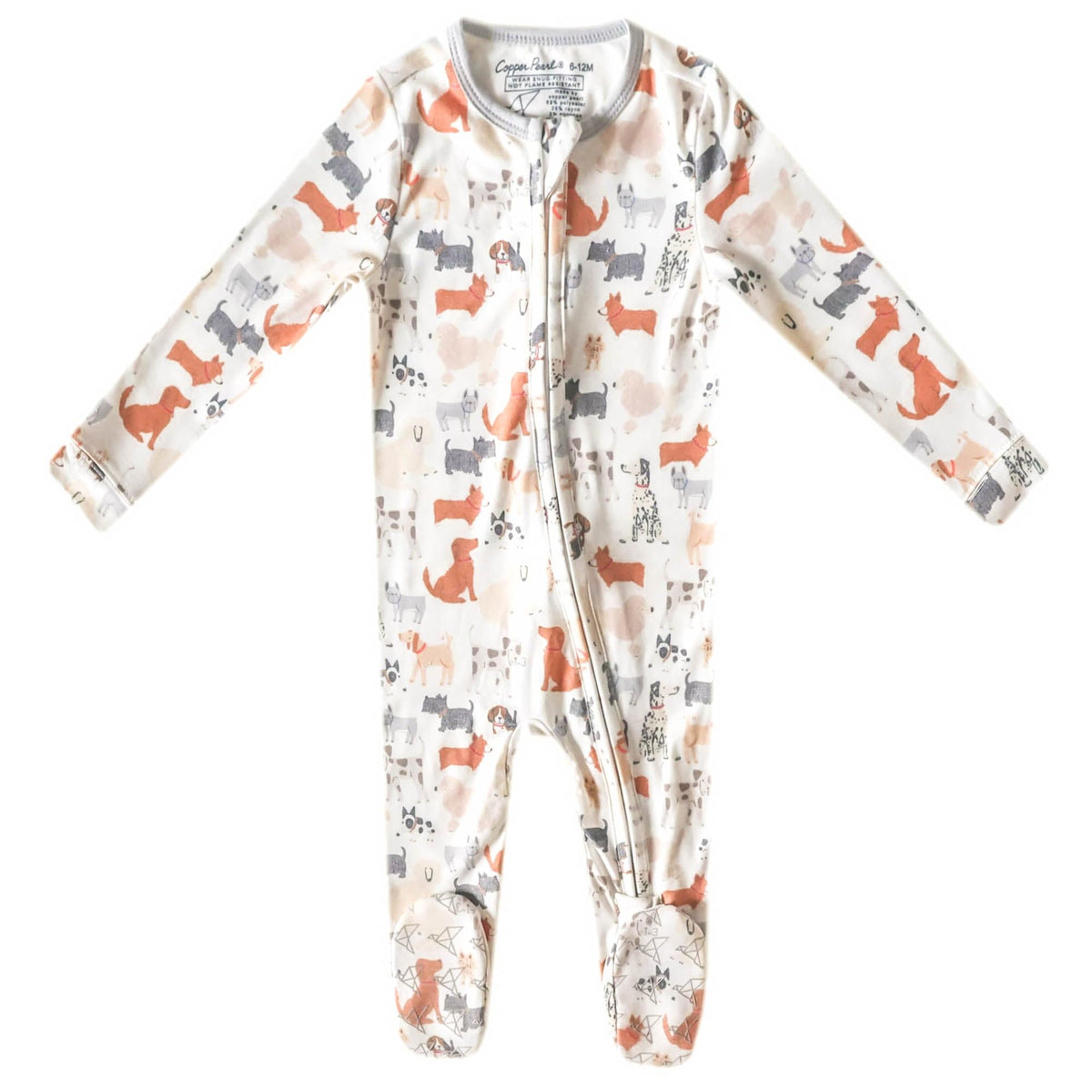 Copper Pearl Rufus zip-up footie pajamas front view for cozy sleep and easy dressing