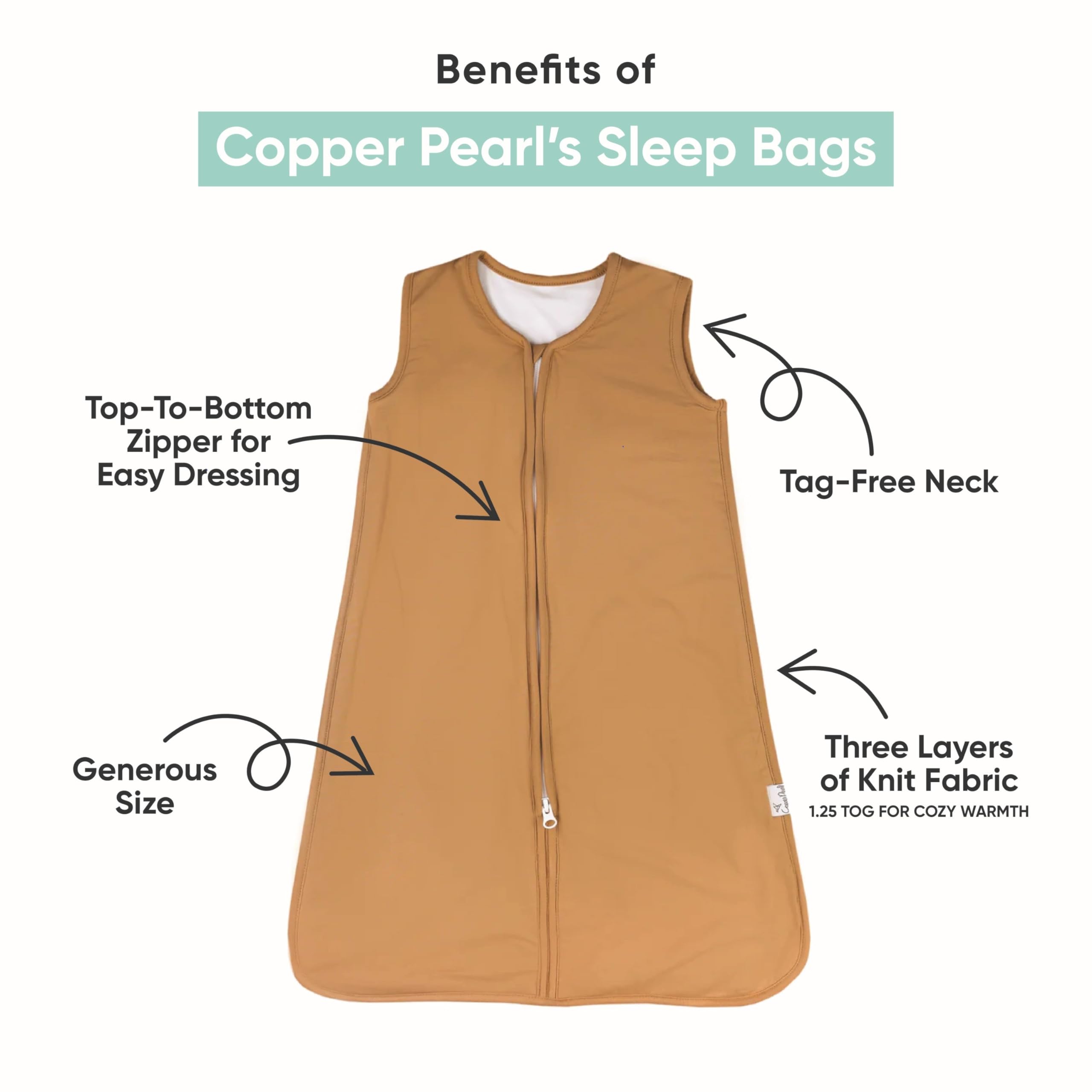 Copper Pearl Sleep Sack neck-tagless design reduces irritation for gentle snuggles