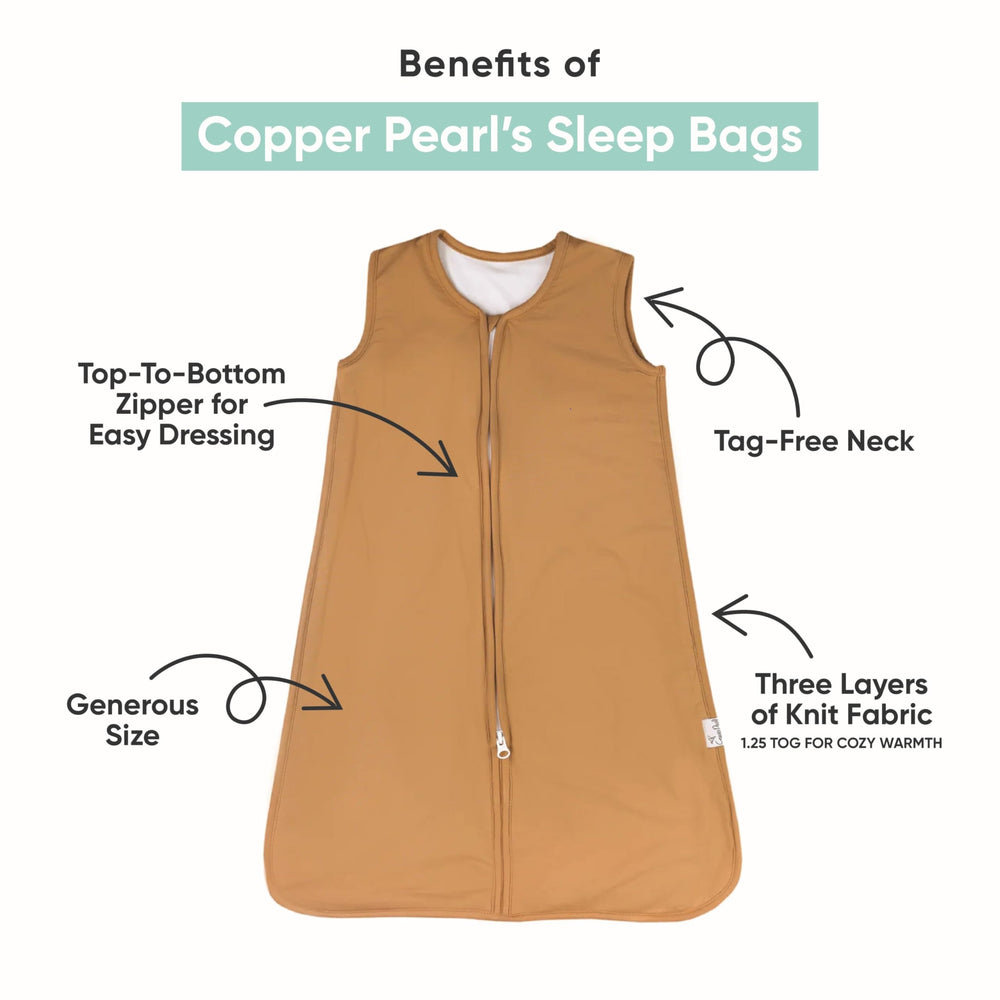 Copper Pearl Sleep Sack Timber warmth demonstrates comfortable year-round sleep in cooler rooms.