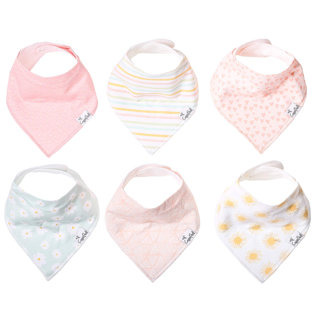 Copper Pearl Sunny Set bibs front view showing soft cotton and vibrant print for daily wear