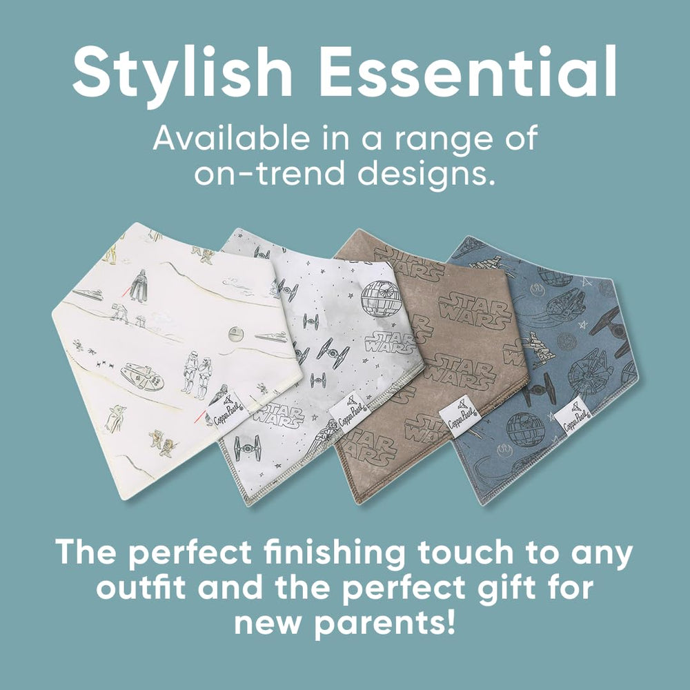 Copper Pearl Tatooine bandana bibs stacked indicating durable, easy-care design