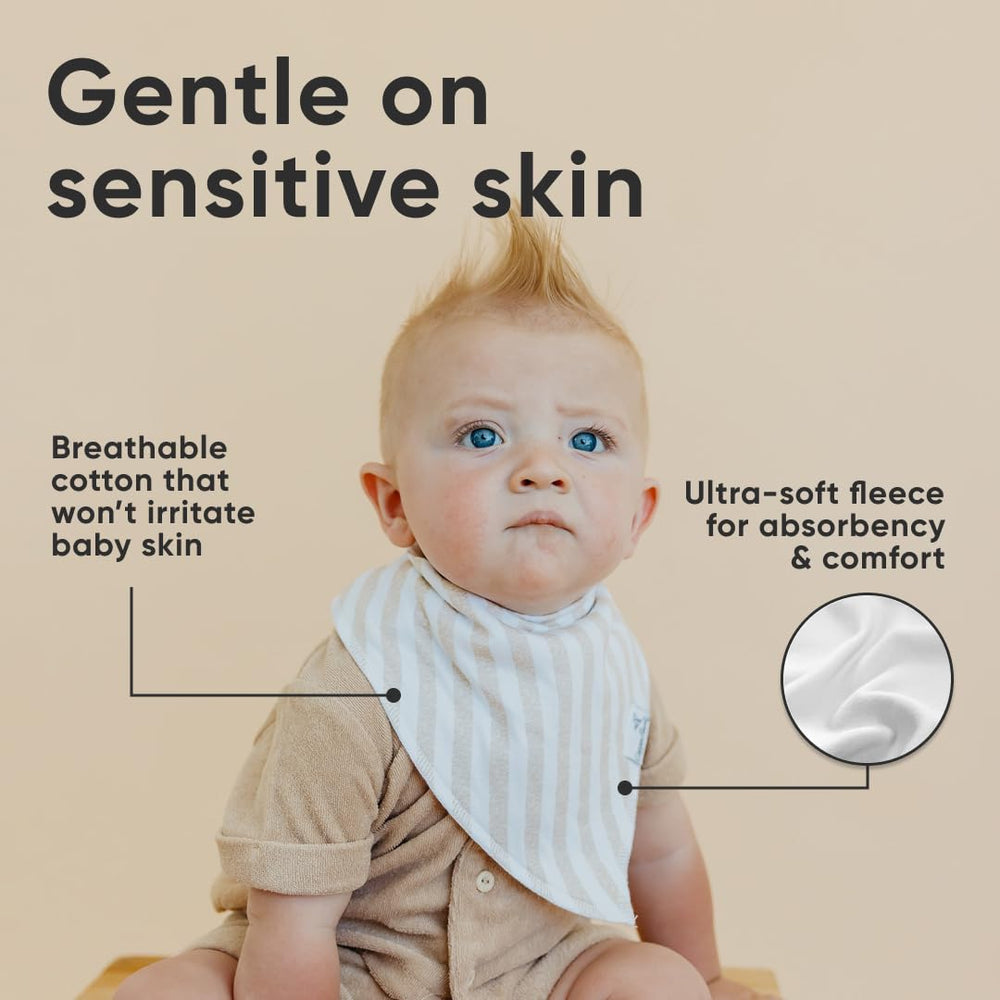 Copper Pearl Tide bib worn by baby, showcasing secure, gentle nickel-free closures