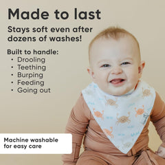 Copper Pearl Tide bib adjustable snaps highlighting newborn-to-toddler fit without snagging skin