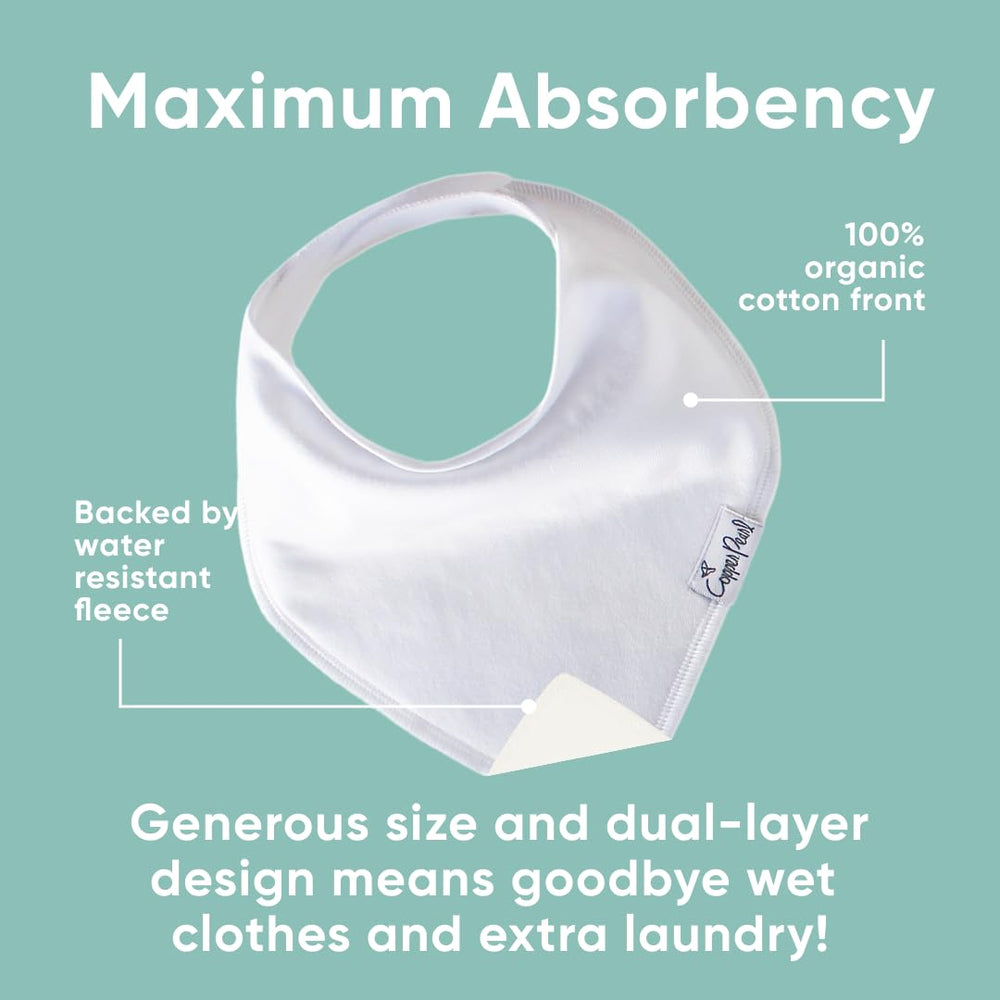 Copper Pearl White Basics bibs on baby with adjustable snaps proving a secure, skin-friendly fit.