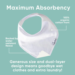 Copper Pearl White Basics bibs on baby with adjustable snaps proving a secure, skin-friendly fit.