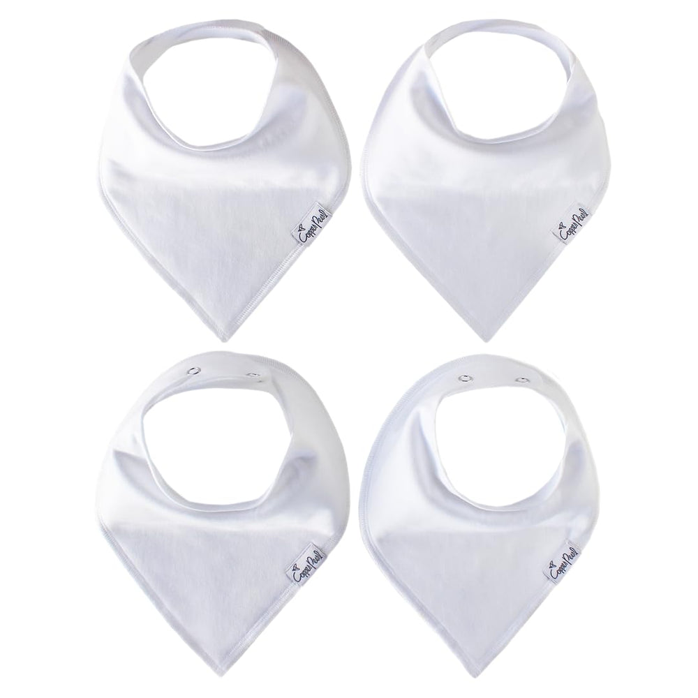 Copper Pearl White Basics four-pack bibs front view showing adjustable snaps for newborn to toddler use.