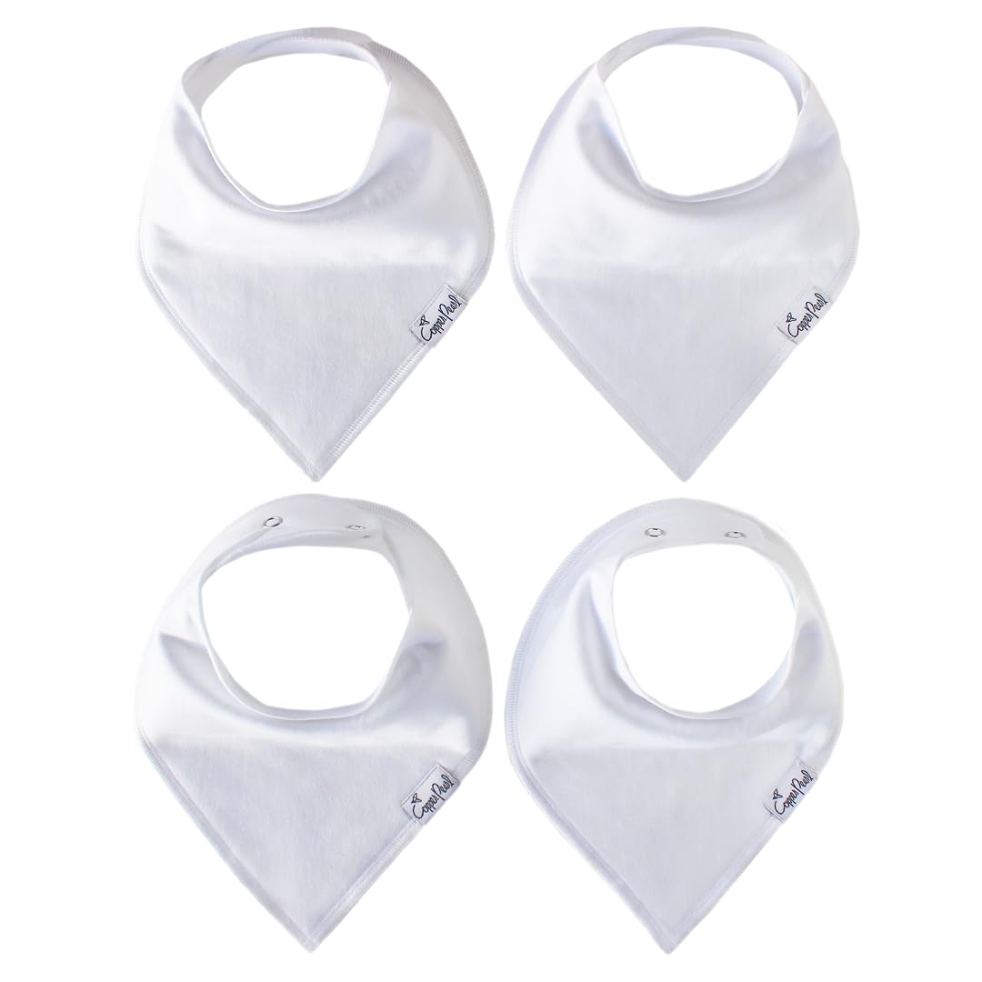 Copper Pearl White Basics four-pack bibs front view showing adjustable snaps for newborn to toddler use.
