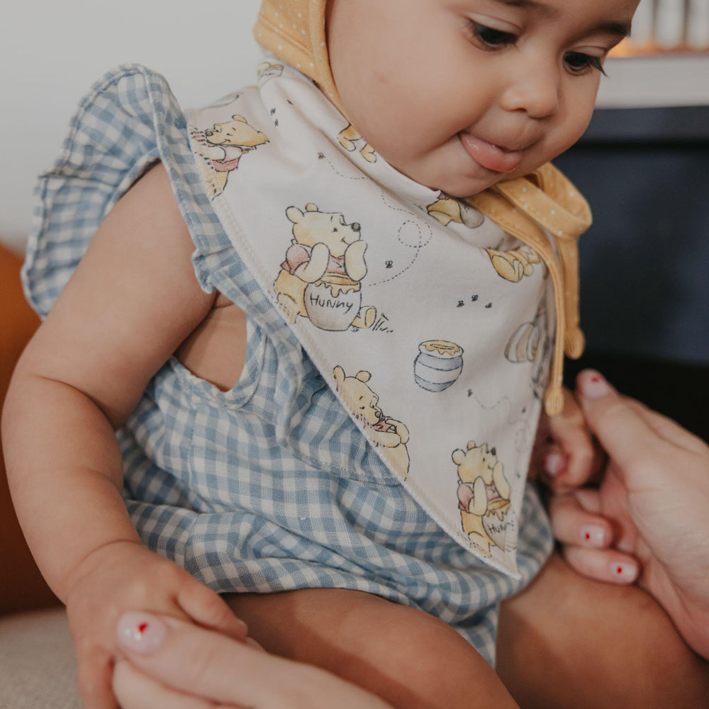 Copper Pearl Winnie Pooh bandana bib machine washable for busy parents.