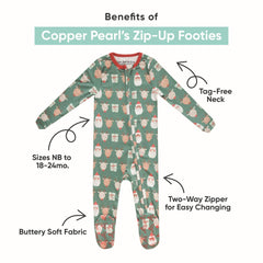 Copper Pearl zip-up footie pajama two-way-zipper detail for easy diaper changes.