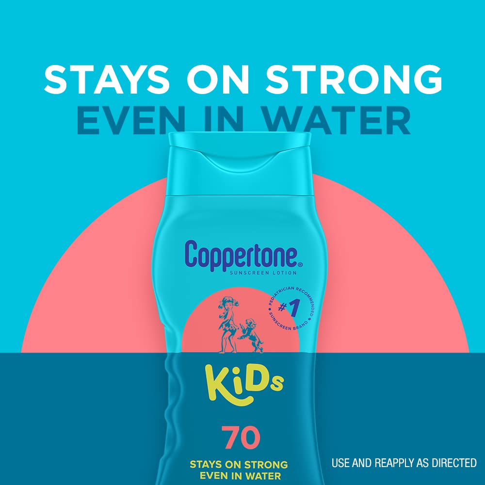 Applying Coppertone Kids SPF 70 lotion on arm for sunny days.