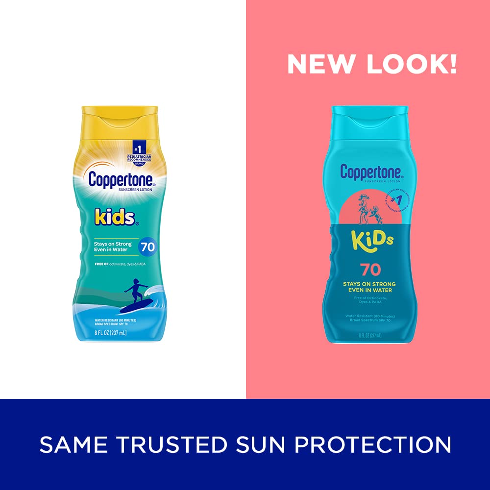 Coppertone Kids SPF 70 lotion by pool showcasing water resistance.