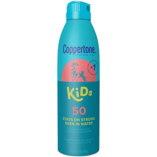 Coppertone Kids Sunscreen Spray SPF 50 dermatologist-tested and dye-free for sensitive skin.