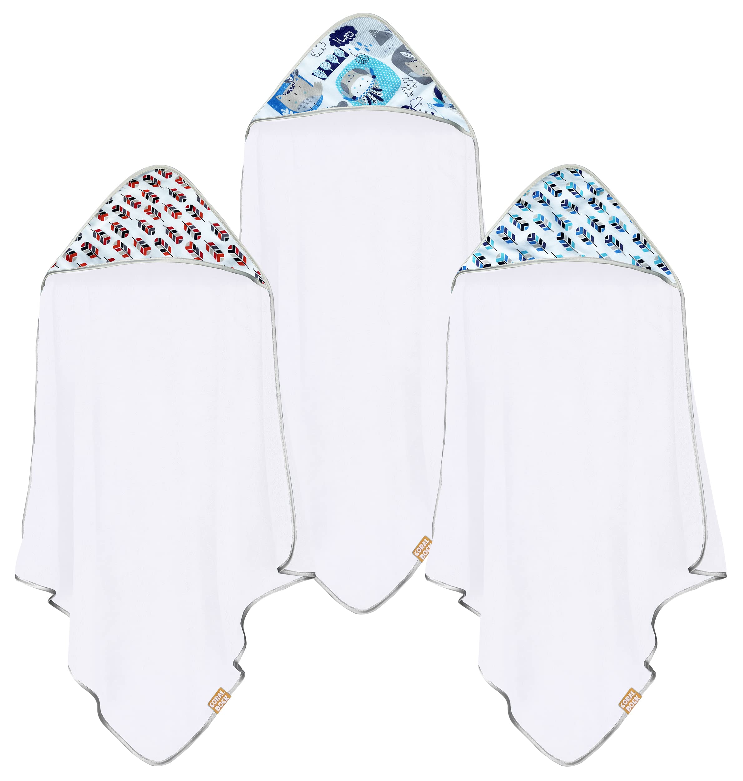 CORAL DOCK 3Pack Hooded Bath Towels flatlay highlight quick-drying baby towels for bath time.