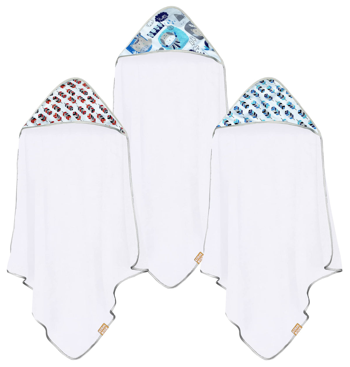 CORAL DOCK 3Pack Hooded Bath Towels flatlay highlight quick-drying baby towels for bath time.