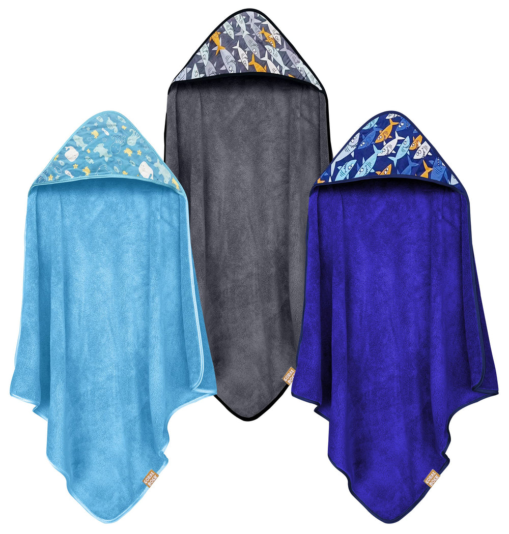 CORAL DOCK Shark World hooded towel close-up shows plush velvet texture for quick drying