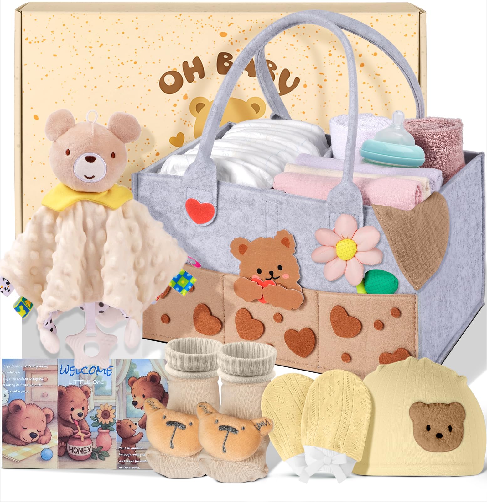 Coralogo diaper caddy keeps diapers and wipes organized in the baby gift basket.