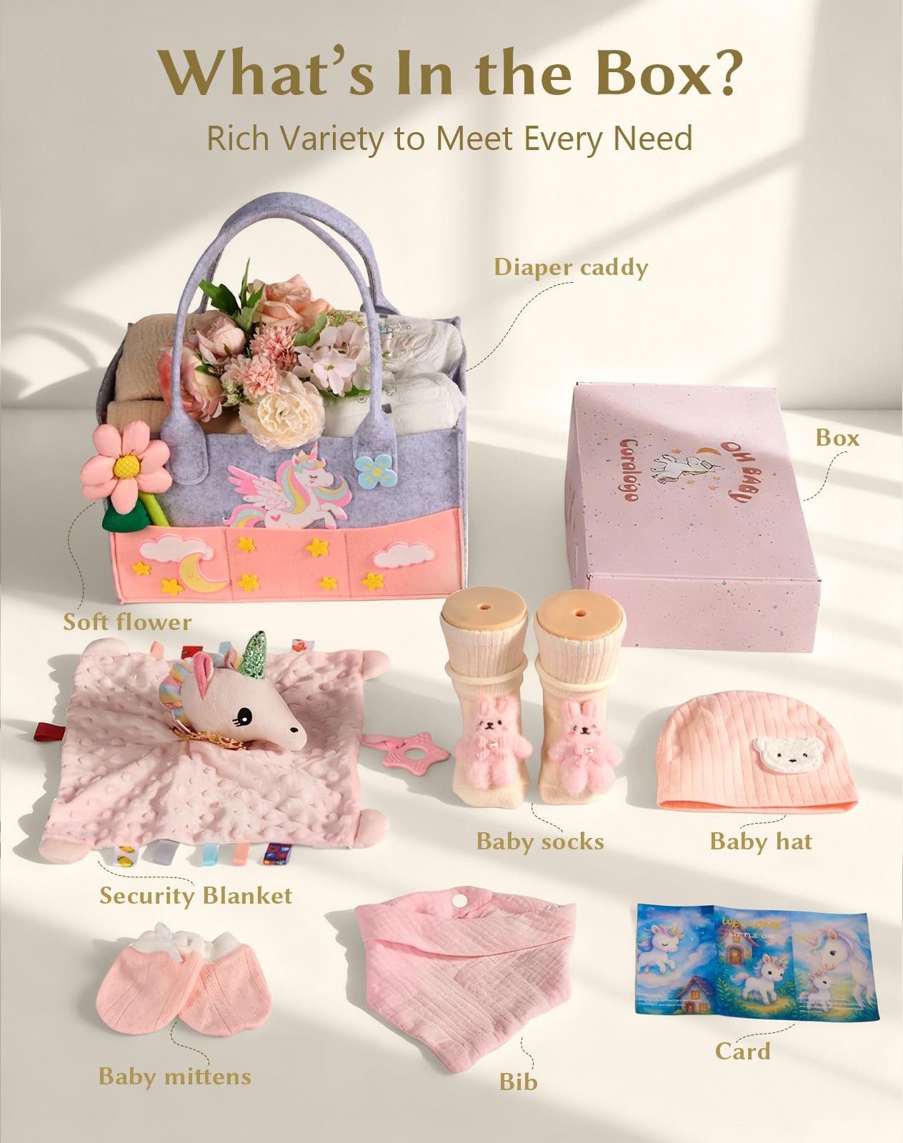 Coralogo lovey blanket included in gift basket for soothing newborn snuggles